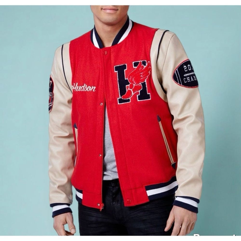 Hudson Jeans Red Wool Leather Varsity Jacket Size Large
